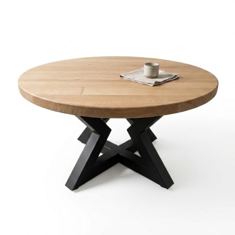 Stolik kawowy OAKLINE (Średnica 90 cm) – lity dąb 4 cm, gwiazdowata podstawa czarna (Star / Gwiazda)