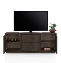 [od ręki] Szafka RTV GIJON 180 cm – fornir dębowy, kolor Basalt, matowy lakier platynowy, soft-close