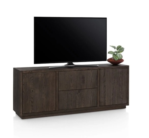 [od ręki] Szafka RTV GIJON 180 cm – fornir dębowy, kolor Basalt, matowy lakier platynowy, soft-close