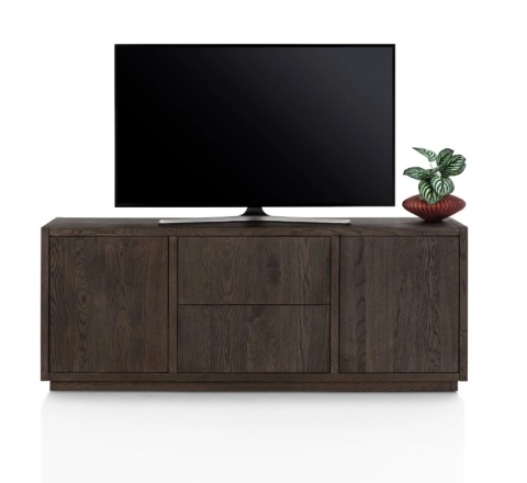 [od ręki] Szafka RTV GIJON 180 cm – fornir dębowy, kolor Basalt, matowy lakier platynowy, soft-close