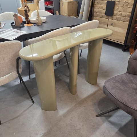 Konsola / stolik przyścienny owalny COCOmaison JONNE 120 × 35 cm – oliwkowa zieleń, wysoki połysk