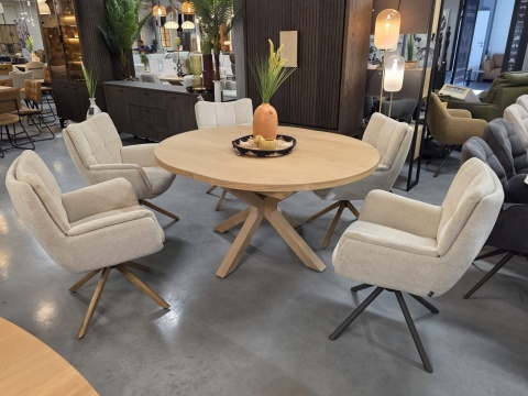 Rozkładany Owalny Stół Jadalniany NYBORG 150-190 x 130 cm – Fornir Dębowy Dune – Matowy Lakier Platinum – Centralna Noga