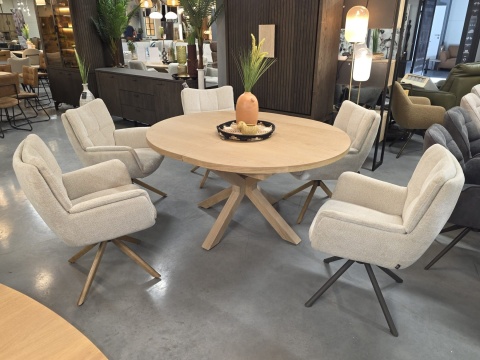 Rozkładany Owalny Stół Jadalniany NYBORG 150-190 x 130 cm – Fornir Dębowy Dune – Matowy Lakier Platinum – Centralna Noga