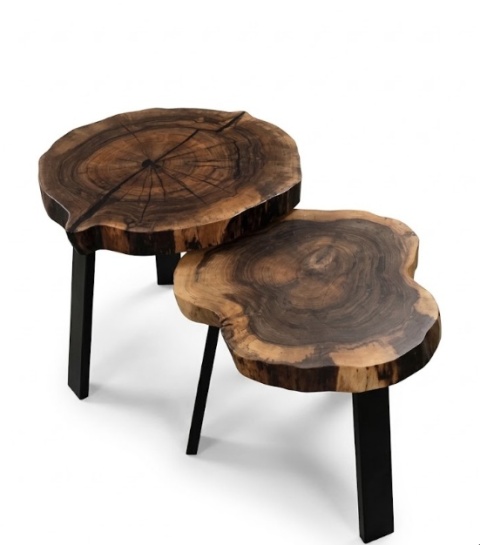 Zestaw 2 stolików kawowych z plastra/ plaster drewna orzechowego (wys. 42 i 48 cm) – lity orzech, czarna stal | NATURA