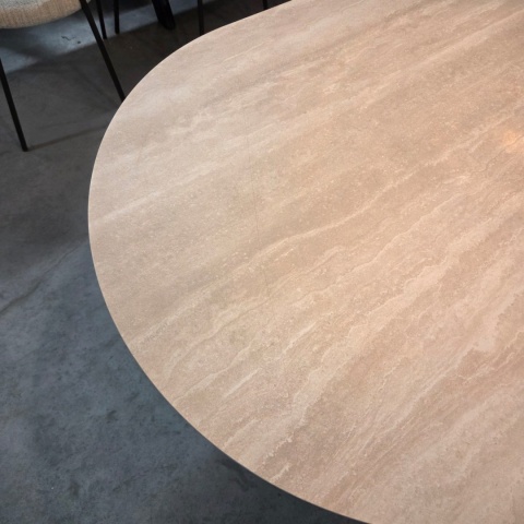 [defekt] Owalny Stół BRIANTO 210 x 100 cm - Blat z Ceramiki na MDF (Optyka Trawertynu) - Metalowa Noga Kolumnowa Crème