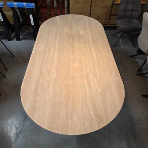 [defekt] Owalny Stół BRIANTO 210 x 100 cm - Blat z Ceramiki na MDF (Optyka Trawertynu) - Metalowa Noga Kolumnowa Crème