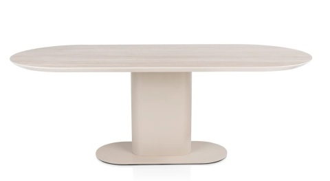 [na zamówienie] Stół jadalniany ceramiczny BRIANTO – owalny blat w optyce trawertynu i kolumnowa podstawa (210 x 100 cm)