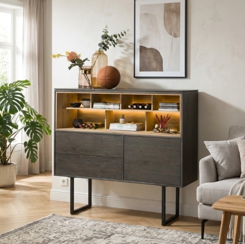 [od ręki] Wysoka komoda dębowa z oświetleniem LED MONIZ (140 cm) – Tramwood / Carbon, dwustronne szuflady